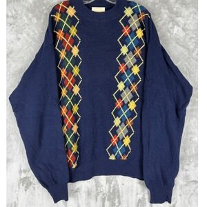 VTG United Colors of Benetton Men Navy Argyle Wool Blend Sweater XL Made in IT